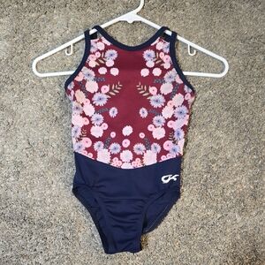 GK Elite Floral Tank Leotard - Burgundy & Navy Criss-Cross Back CM